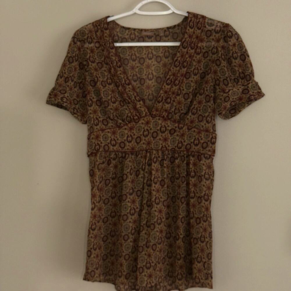 Halogen Brown geometric medallion Print Babydoll‎ Top Small